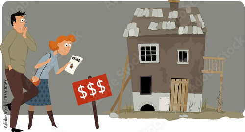 Shocked buyers looking at a high price tag of an old small house, EPS 8 vector illustration
