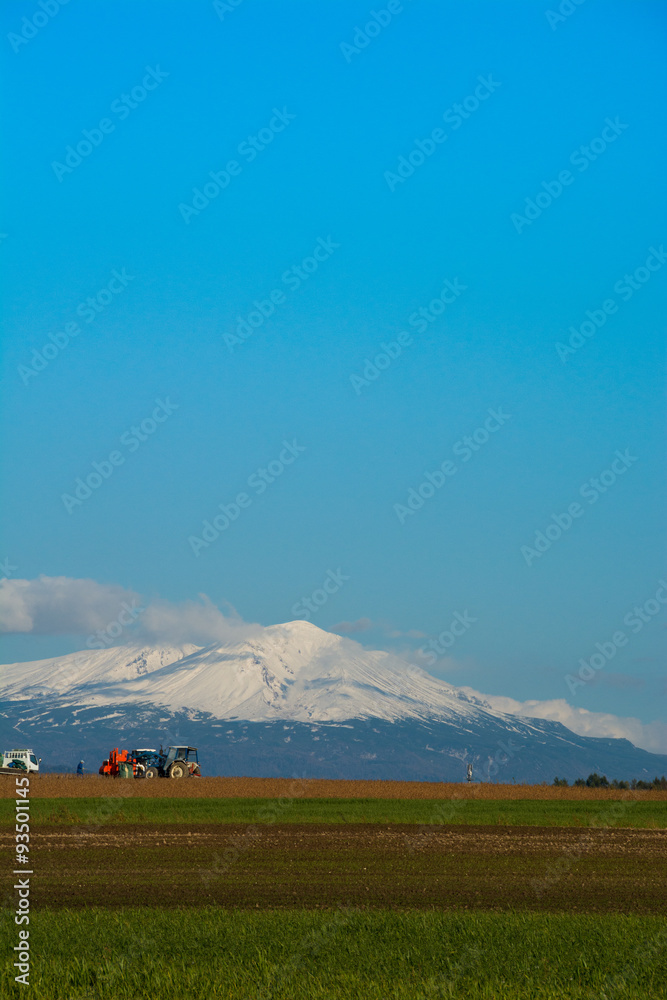 Obraz premium 冠雪した高い山と農作業