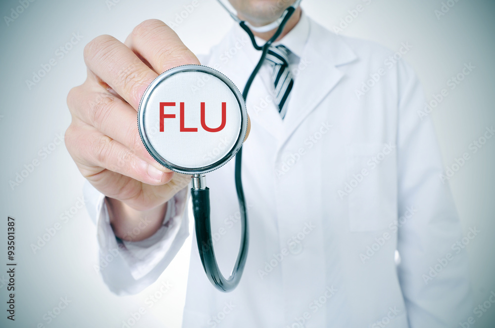 doctor with a stethoscope with the word flu, vignetted doctor with a stethoscope with the word flu, vignetted