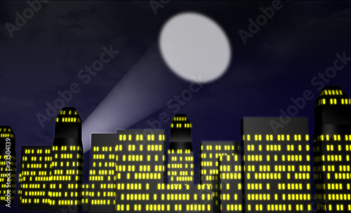 Cartoon city at night with spotlight or bat signal photo