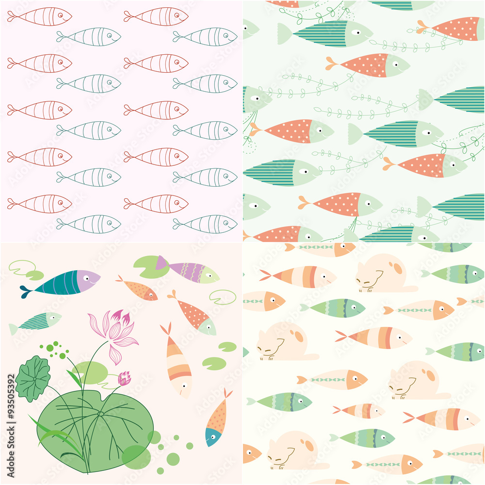 Naklejka premium seamless cartoon fish and flower texture