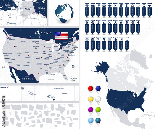 USA map with it's states and navigation map icons