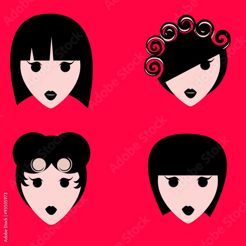 Set of girls with various hair style on red background.