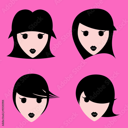 Set of girls with various short hair style on pink background.