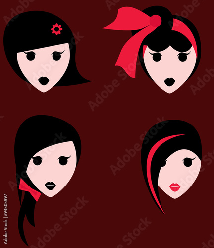 Set of girls with various hair style with accessory on dark red background.