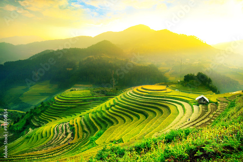 Rice fields on terraced of Mu Cang Chai, YenBai, Vietnam. Rice fields prepare the harvest at Northwest Vietnam.Vietnam landscapes. © vutuankhanh