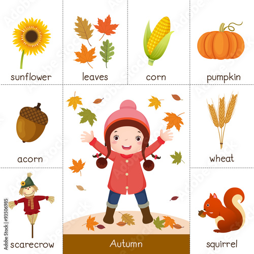 Printable flash card for autumn and little girl playing with aut