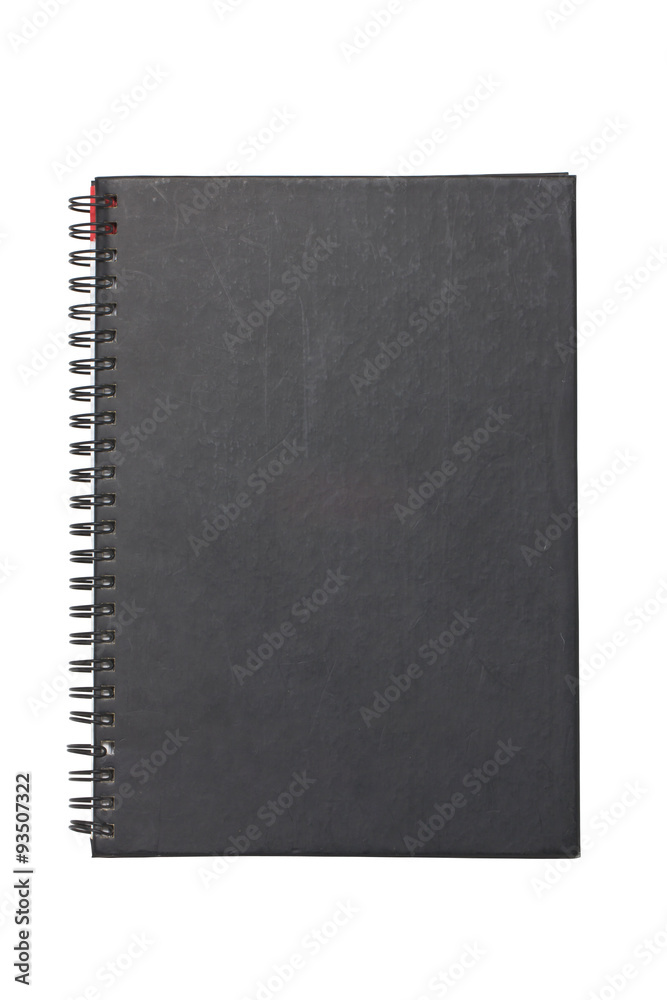 Black hard cover notebook with ring binder isolated on white.