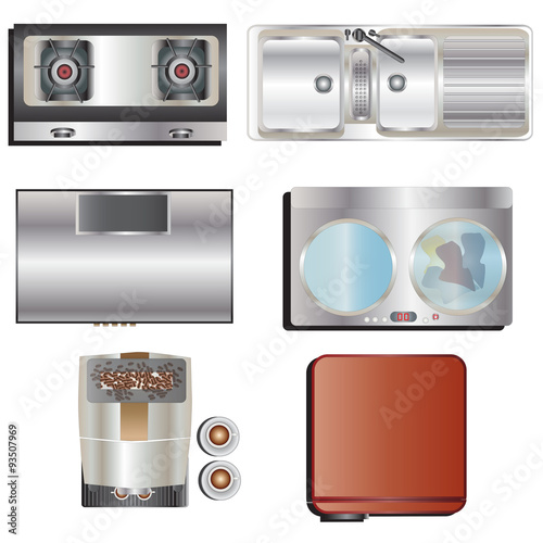 Kitchen equipment top view set 8 for interior , vector illustration