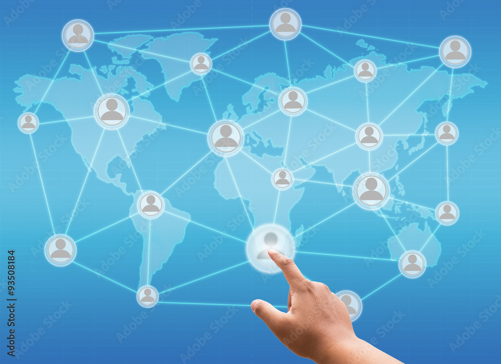 hand pushing a button on a touch screen interface with social network hand pushing a button on a touch screen interface with social network