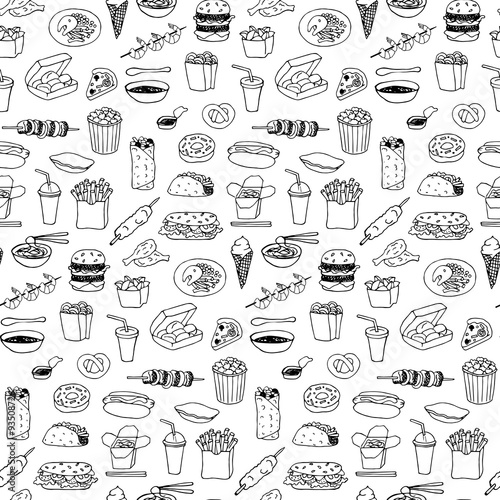 Fast Food seamless hand drawn doodle pattern