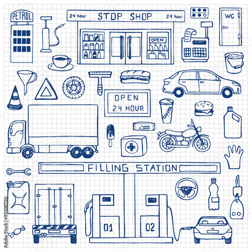 Hand drawn doodle set with filling station