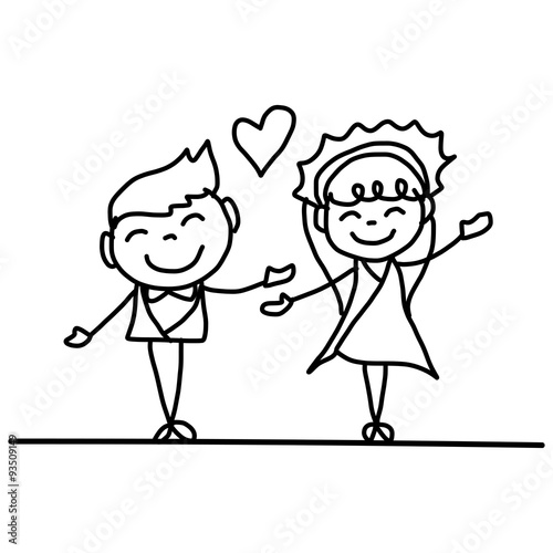 hand drawing cartoon happy couple wedding