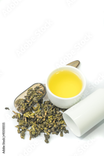 Milk Oolong green leaf tea, high angle view isolated on white background 