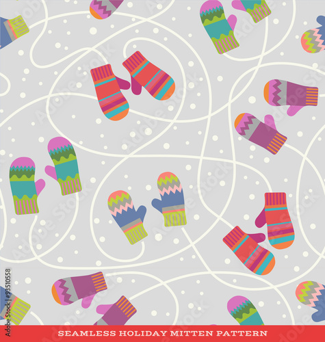 seamless pattern with colorful pairs of mittens and snow