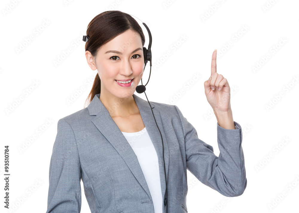 Customer services officer and finger point up Customer services officer and finger point up