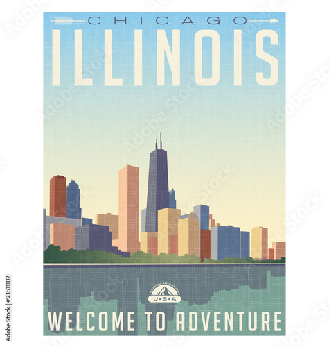 vintage style travel poster or luggage sticker of chicago Illinois skyline