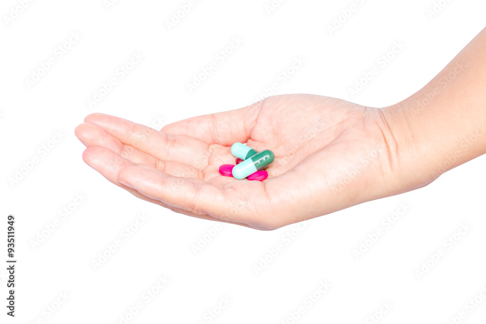 Hand hold Many pills and tablets Medicine for healthy Hand hold Many pills and tablets Medicine for healthy