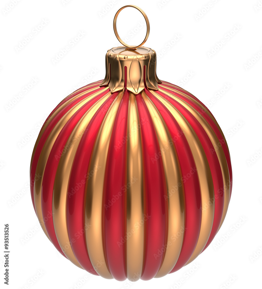 Christmas ball New Year's Eve bauble decoration golden red wintertime hanging adornment classic. Traditional happy winter holidays ornament Merry Xmas event symbol glossy blank 3d render Christmas ball New Year's Eve bauble decoration golden red wintertime hanging adornment classic. Traditional happy winter holidays ornament Merry Xmas event symbol glossy blank 3d render