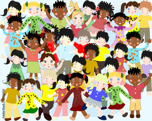 Group of happy children of different nationalities in colorful c