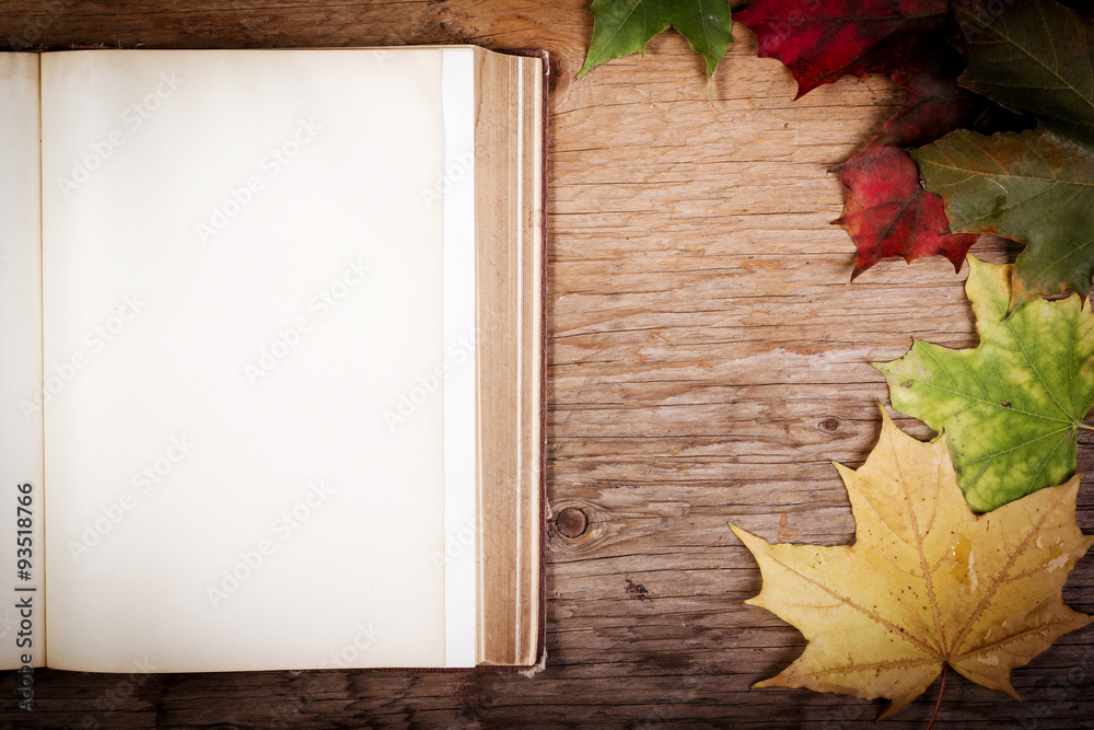old book on a wooden table with autumn leaves