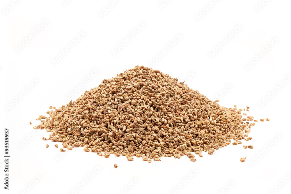 Pile of Organic Ajwain (Trachyspermum ammi) isolated on white background. Pile of Organic Ajwain (Trachyspermum ammi) isolated on white background.