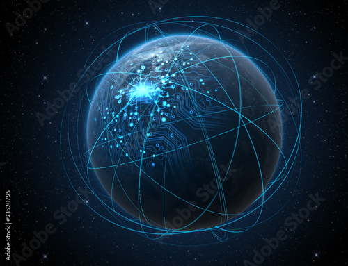 Planet With Illuminated Network And Light Trails