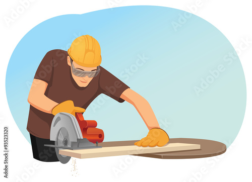 Carpenter in helmet and protective eye-wear is cutting a wooden plank by the circular saw