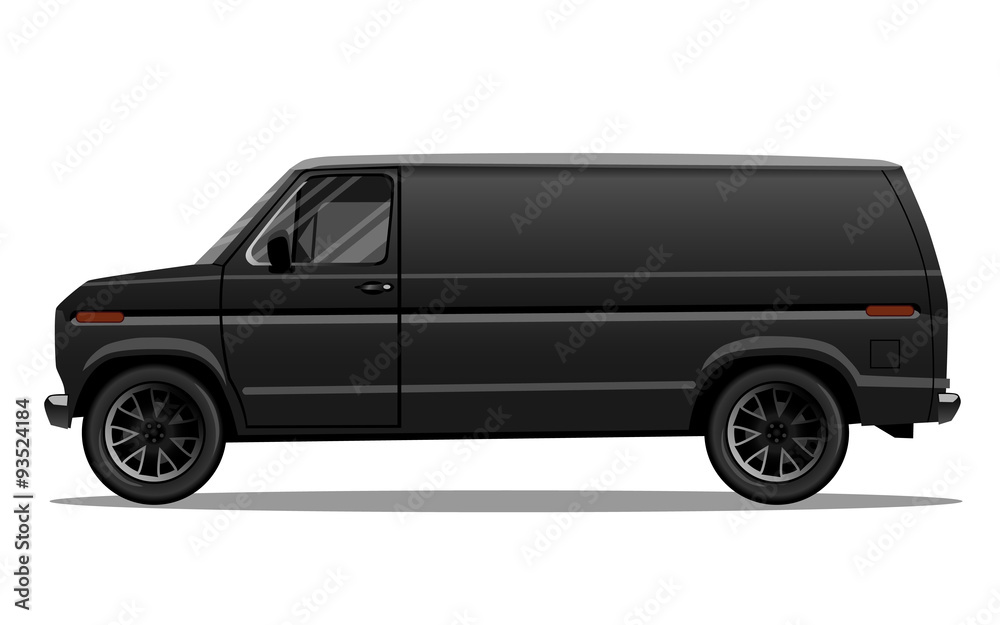 Matte black van with black alloy rims and blank space on the side for your text or logo. Detailed vector illustration.