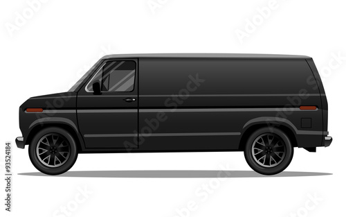 Matte black van with black alloy rims and blank space on the side for your text or logo. Detailed vector illustration.