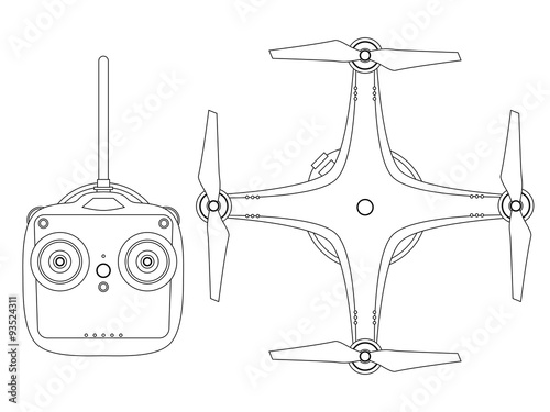 Commercial drone with radio controller. Outline style illustration. Silhouette. Vector.