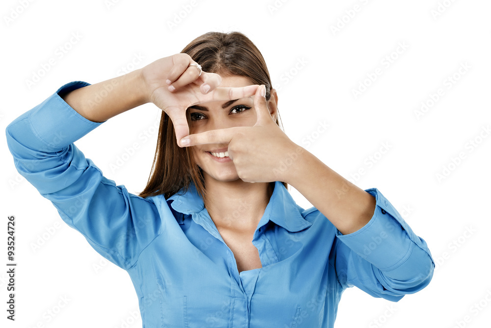 Business woman making a hand frame, isolated on white Business woman making a hand frame, isolated on white