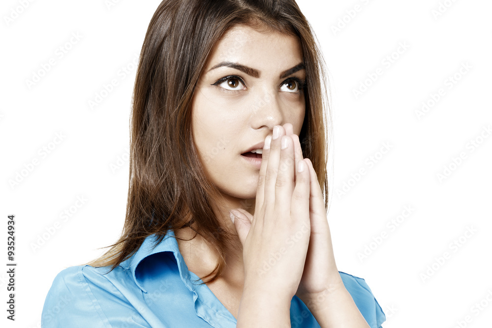 Closeup portrait of woman praying hoping for the best, isolated Closeup portrait of woman praying hoping for the best, isolated
