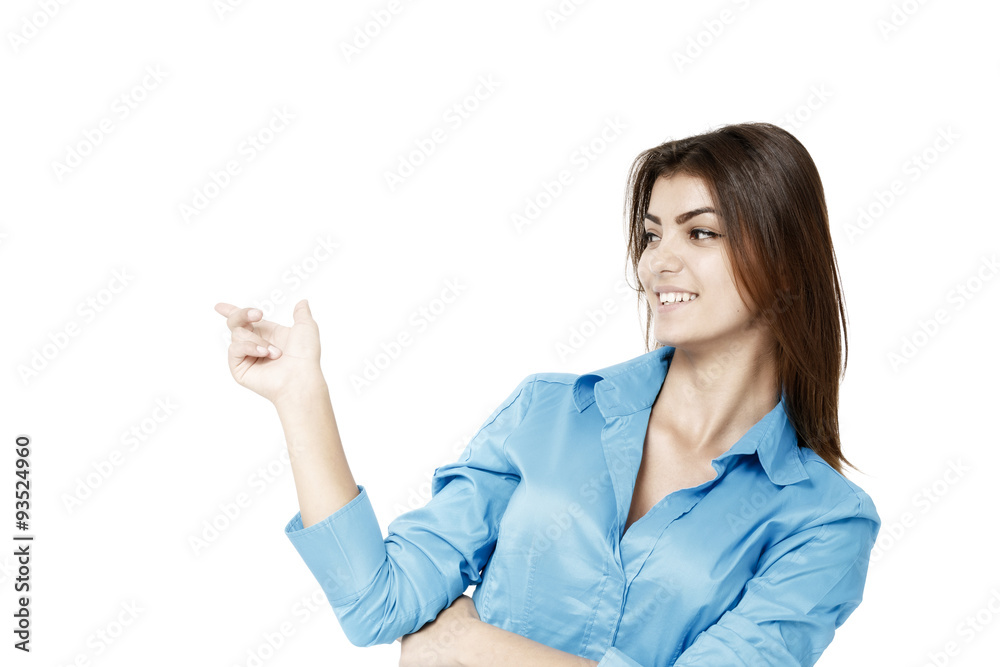 Business woman showing on copyspace. Isolated white. Business woman showing on copyspace. Isolated white.