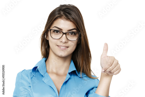 Happy smiling cheerful young business woman with okay gesture  i