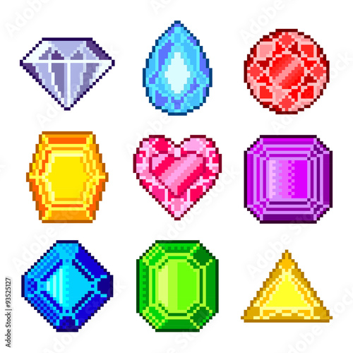 Pixel gems for games icons vector set