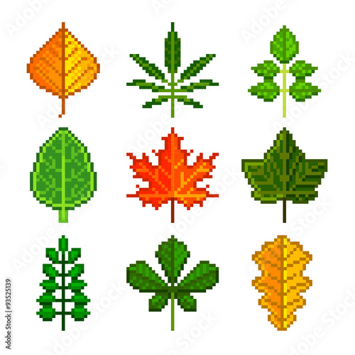 Pixel leaves for games icons vector set