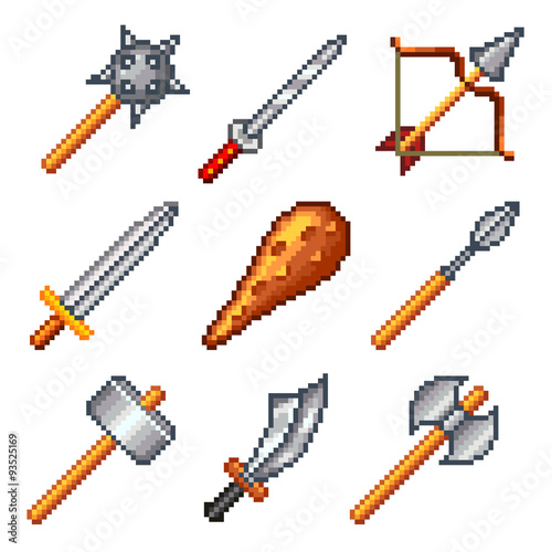 Pixel weapons for games icons vector set