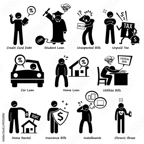 Personal Liabilities - Debt, Loan, Bills, Taxes, Rental, Installments, and Medical Payment of Stick Figure Pictogram Icons