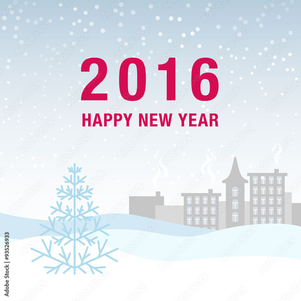 Happy New Year Background with Winter City and Falling Snow