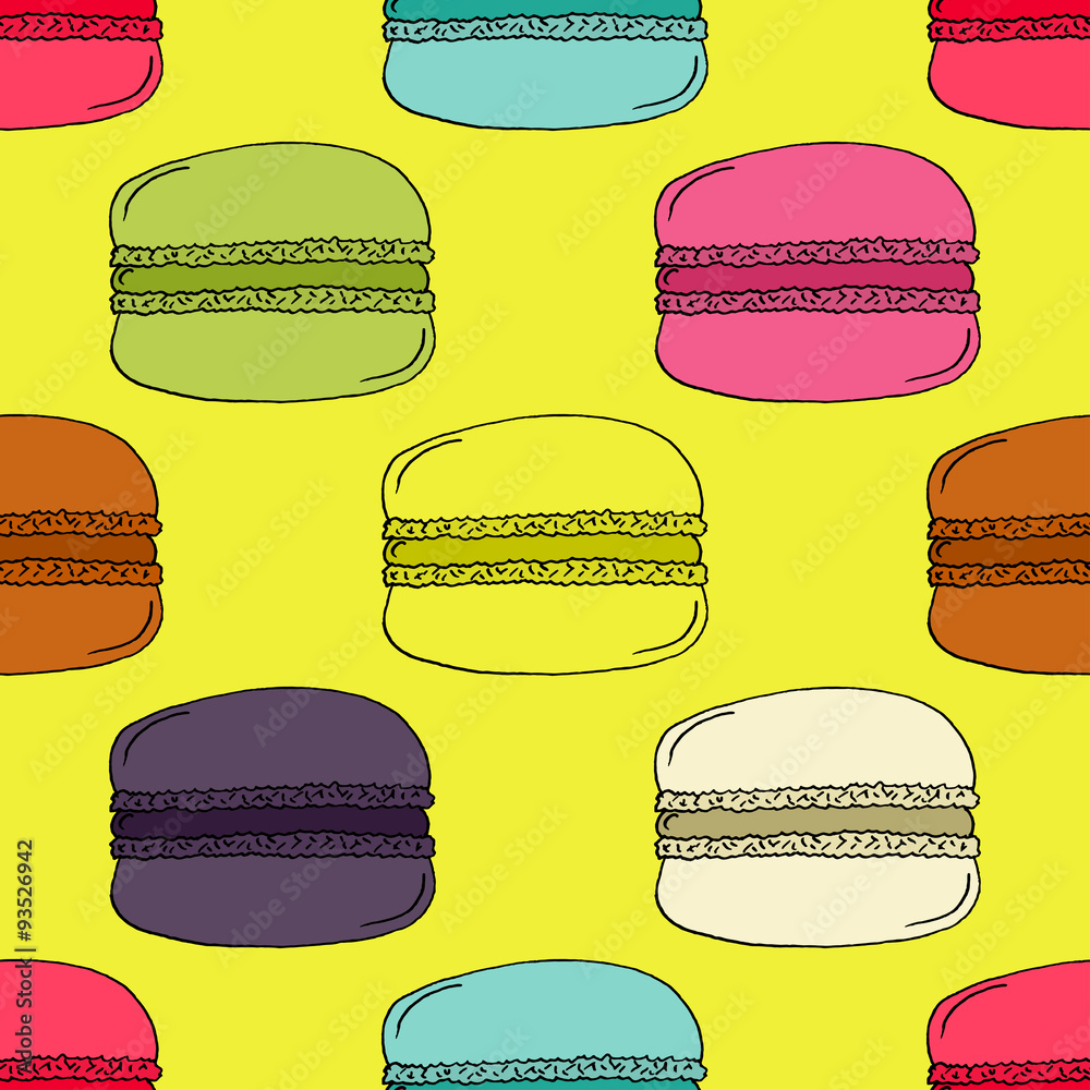 Colorful Hand-drawn Macarons Pattern on Yellow Background