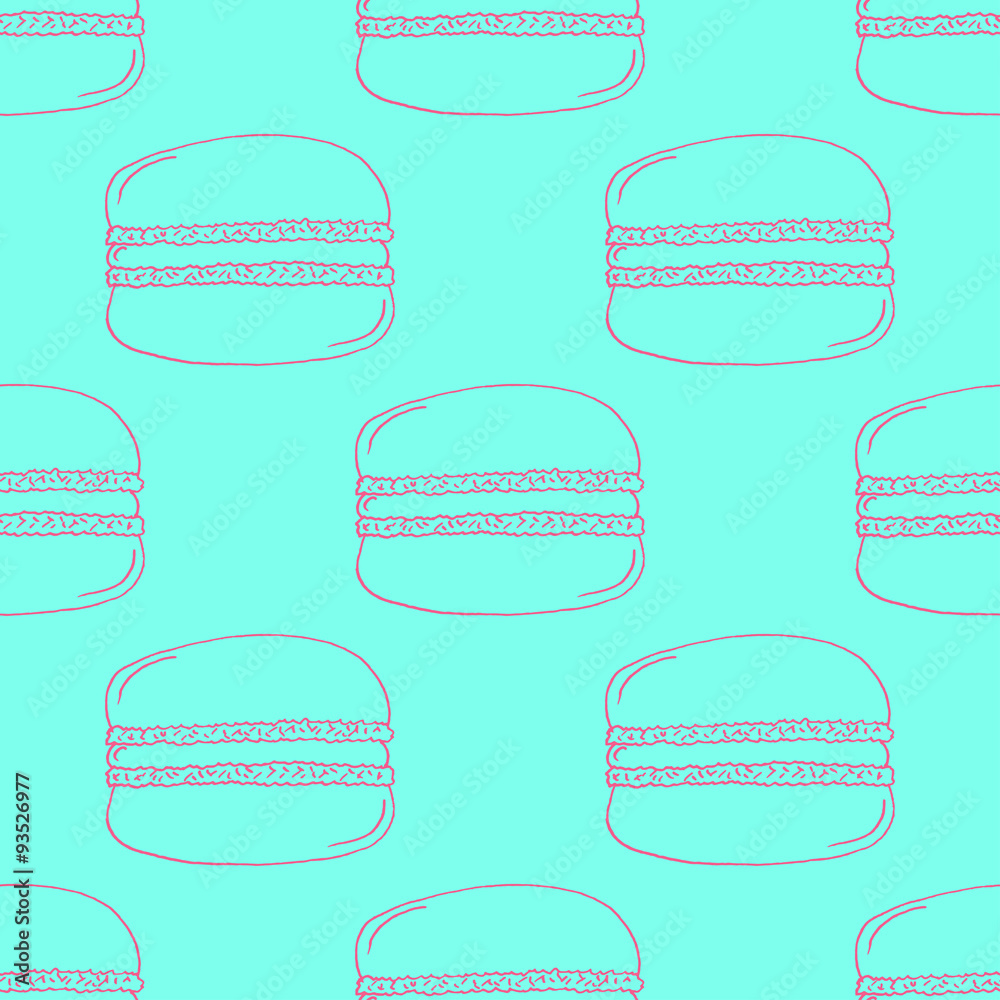 Red Hand-drawn Macarons Outline Pattern on Blue Background