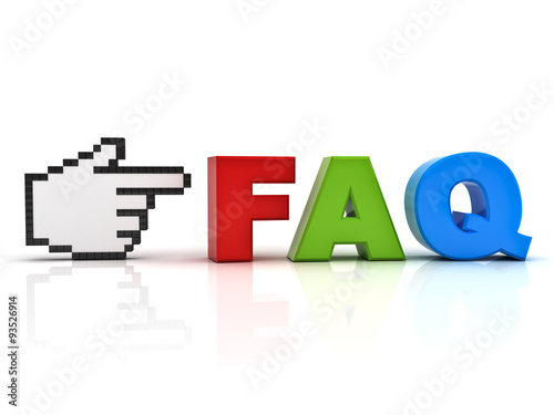 Hand cursor pointing at colorful word faq frequently asked questions concept isolated over white background