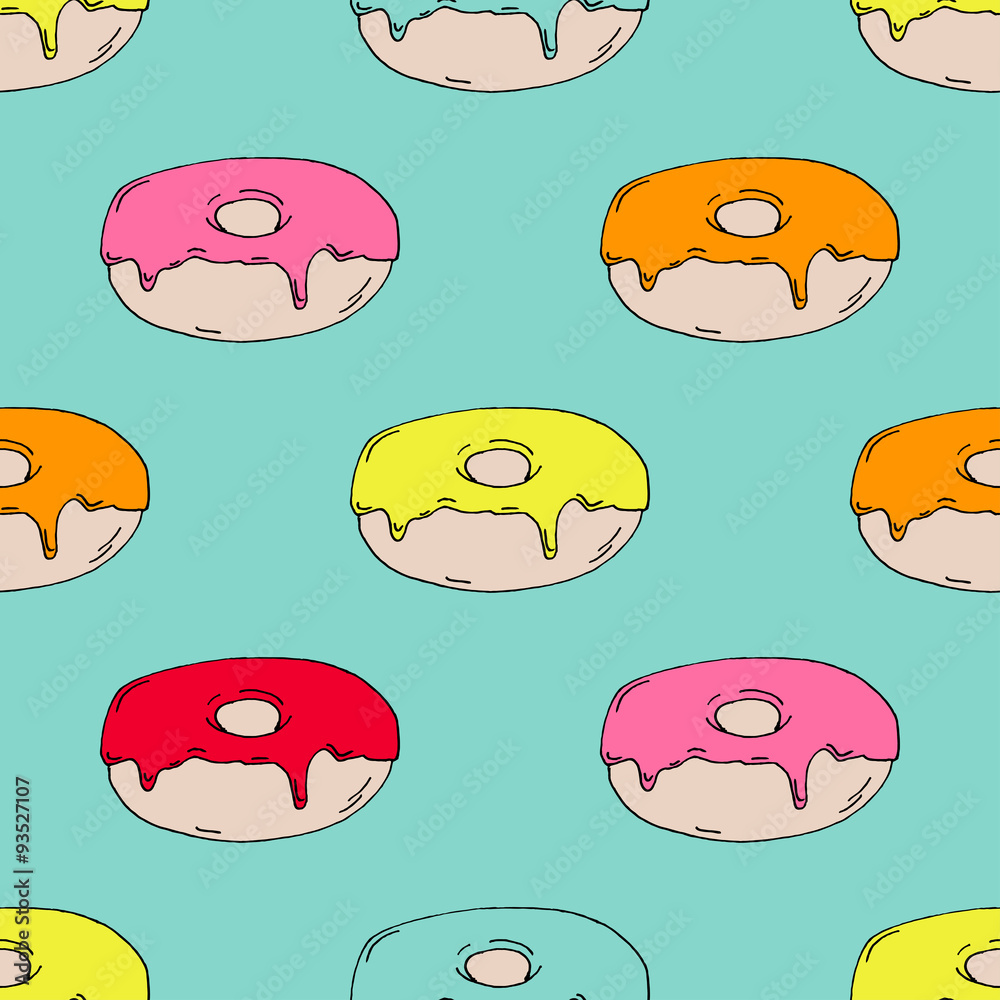 Hand Drawn Colorful Donut Pattern on Green Background Hand Drawn Colorful Donut Pattern on Green Background