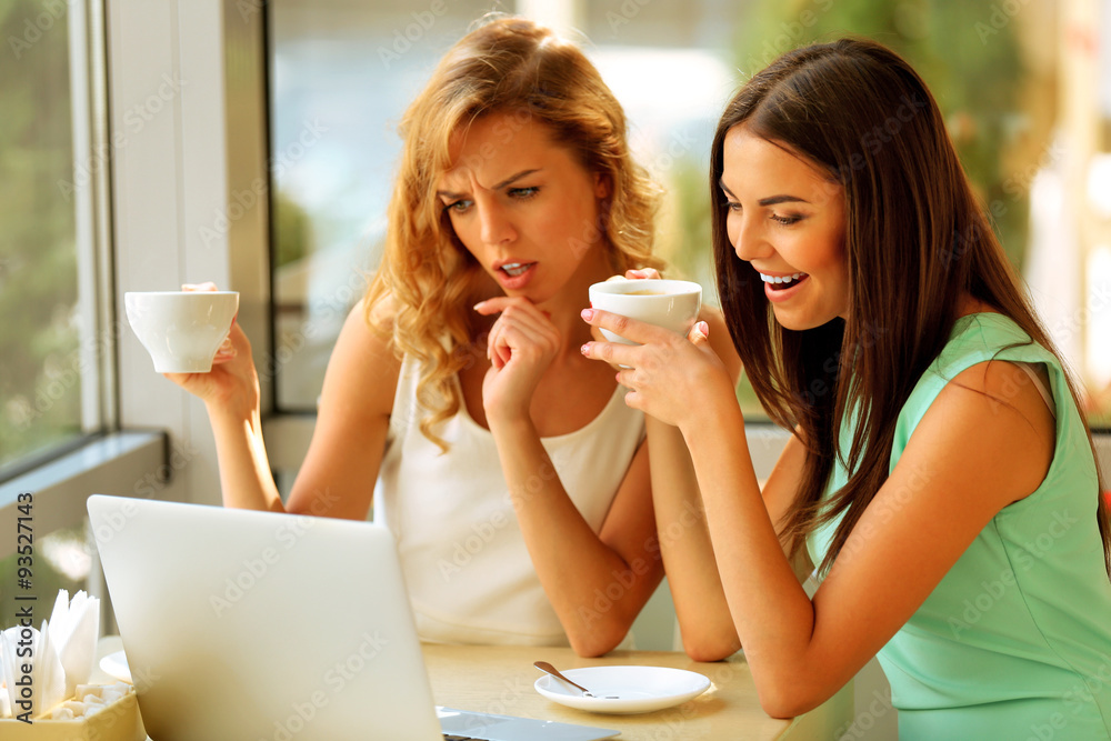 Beautiful young women with laptop in cafe