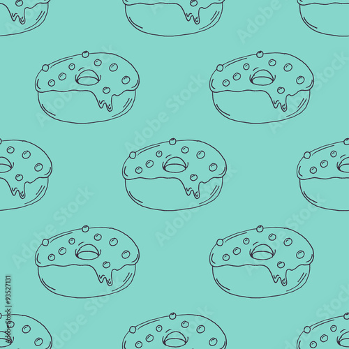 Hand Drawn Donut Outline Pattern on Green Background