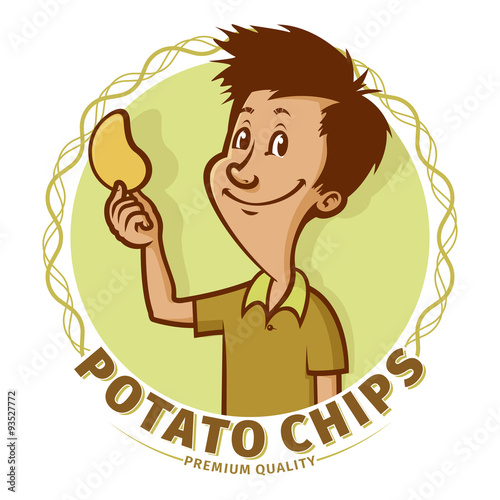 Smiling boy holding a single potato crisp chip in his hand, vector emblem.