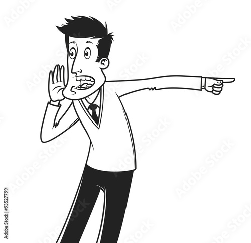 Screaming man points a finger at an event, vector illustration