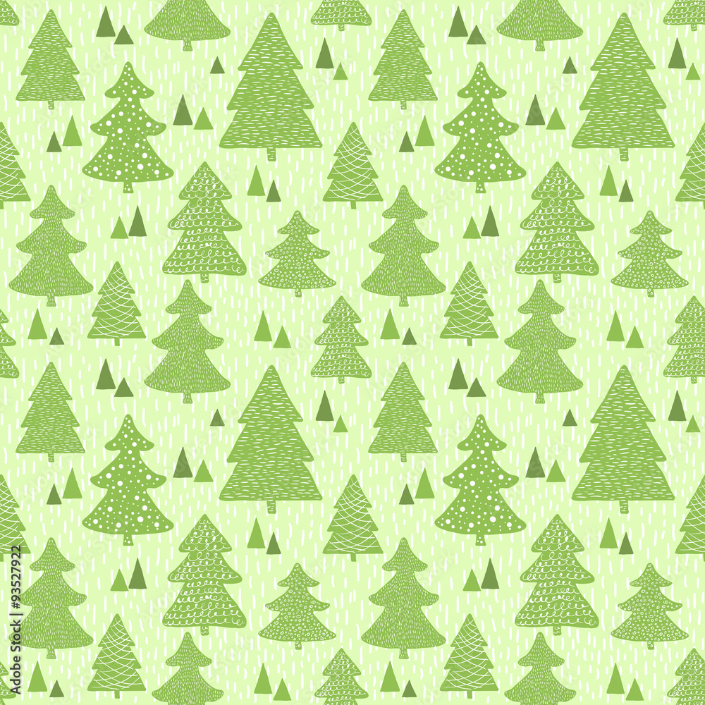 Seamless green pattern with hand drawn christmas trees