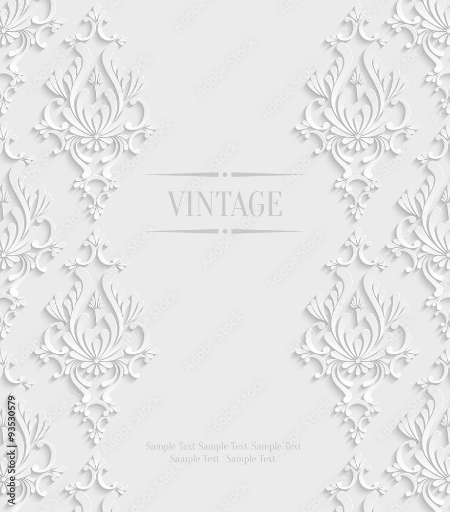 Vector 3d Vintage Invitation Card with Floral Damask Pattern